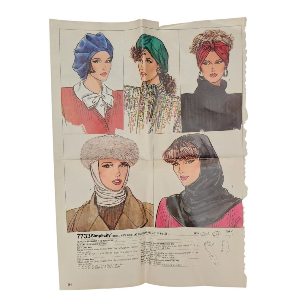 Vintage Simplicity 7733/366 Misses' Hats, Hood, and Headband Uncut No Envelope